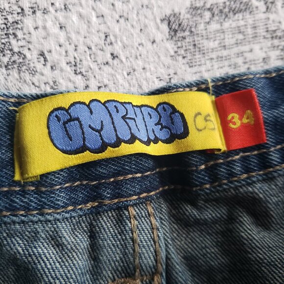 EMPYRE Phat Wide Leg Oversize Skate Y2K Rave Dark Blue Denim Jean Shorts - Picture 5 of 13